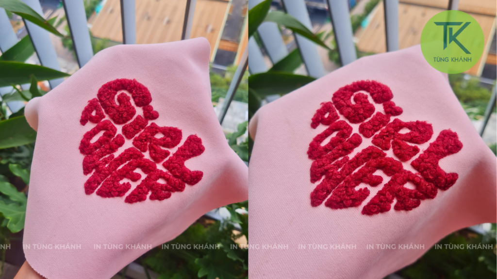 Thêu xù ép nhiệt đơn màu trên vải