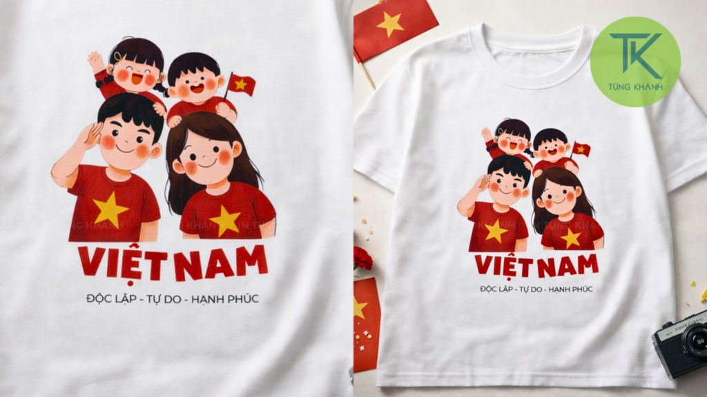 Hình in cả gia đình mặc áo cờ đỏ sao vàng